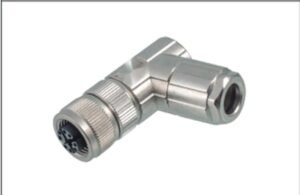 M12 8-Pin X-Coded Angled Female Connector, Solder Termination, Metal Shielded, PG9 Cable Gland