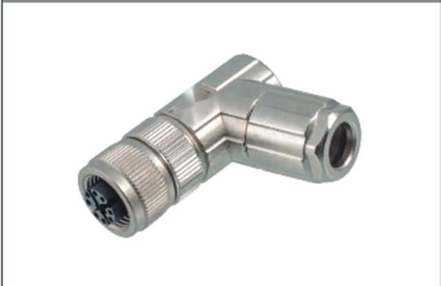 M12 8-Pin X-Coded Angled Female Connector, Solder Termination, Metal Shielded, PG9 Cable Gland