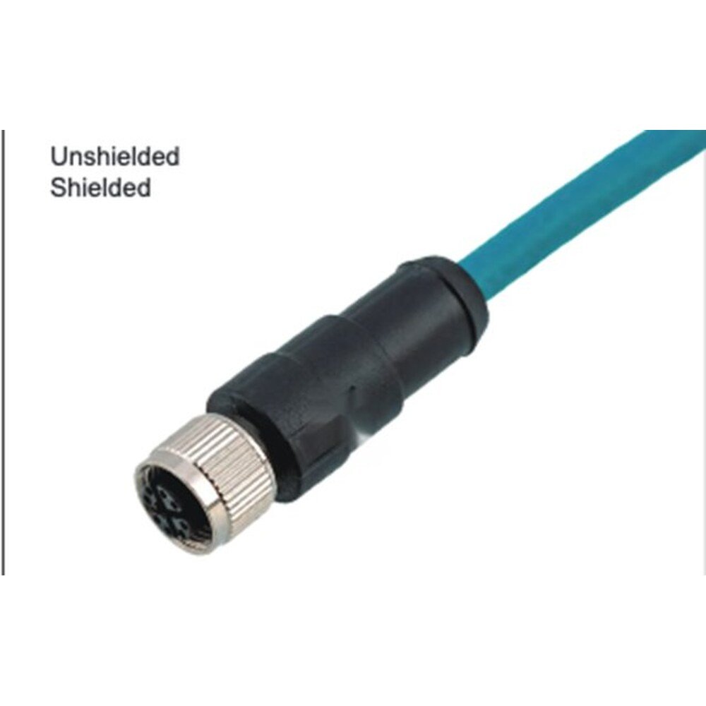 M12 8-Pin X-Coded Straight Female Connector, Overmolded, Shielded