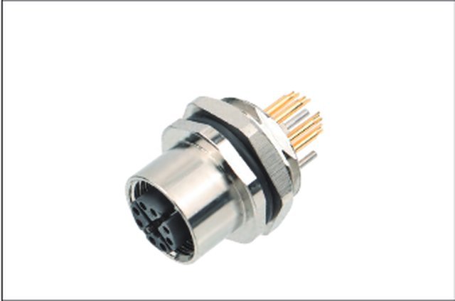 M12 8-Pin X-Coded Female Front Mount Socket, Solder Termination, Screw M16x1.5