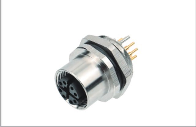 M12 8-Pin X-Coded Female Front Mount Socket, PCB Termination, Screw M16x1.5