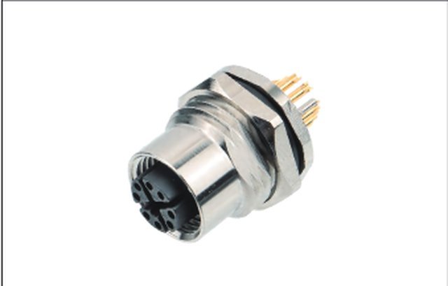 M12 8-Pin X-Coded Female Back Mount Socket, Solder Termination, Screw M16x1.5