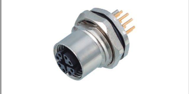 M12 8-Pin X-Coded Female Back Mount Socket, PCB Termination, Screw M16x1.5