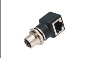 M12 8-Pin X-Coded Female to RJ45 Adapter, 90 Degree Angled, Screw M16x1.5