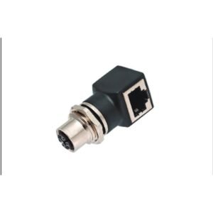 M12 8-Pin X-Coded Female to RJ45 Adapter, 90 Degree Angled, Screw M16x1.5