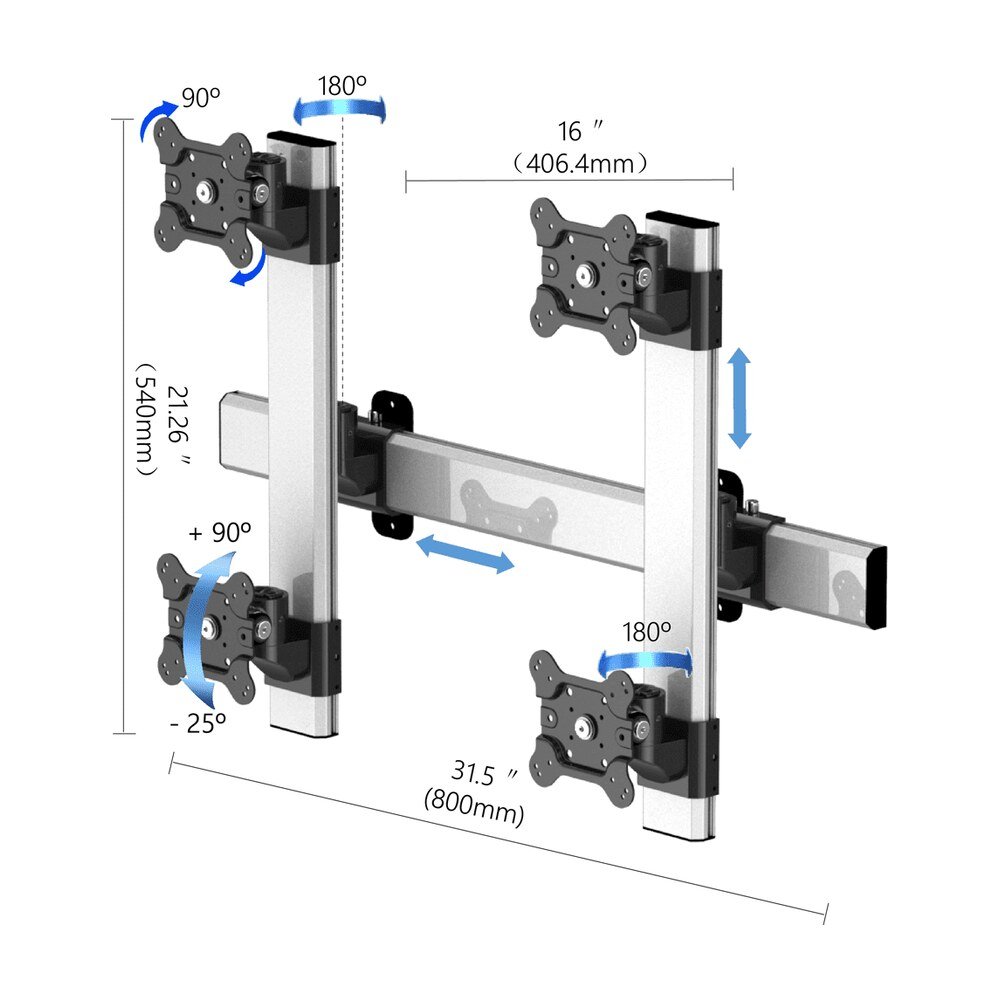 VESA Wall Mount for 4 Monitors 2x2 Quick Release Two Orientations - BL-W247