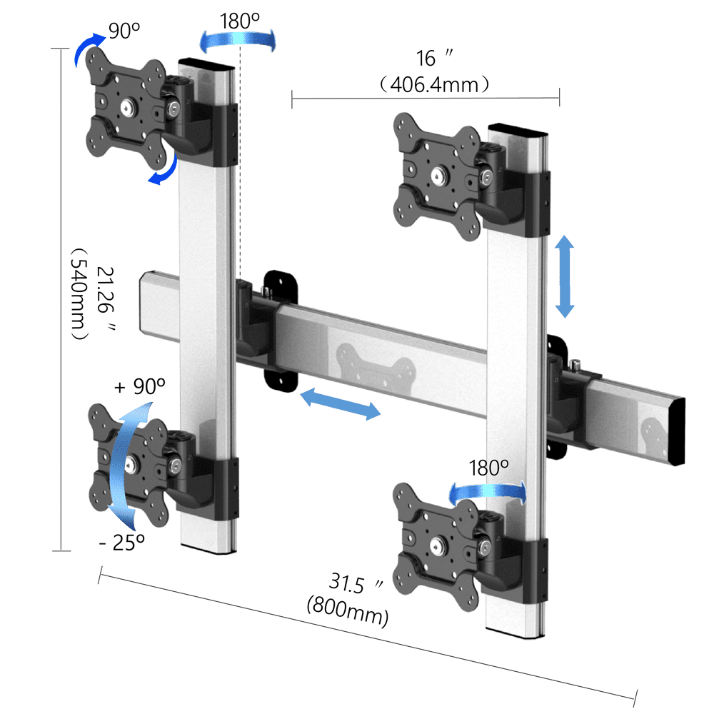 VESA Wall Mount for 4 Monitors 2x2 Quick Release Two Orientations - BL-W247