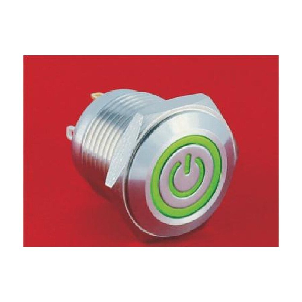 MR-GQ16F-10ET-J 16 mm Anti-Vandal Push Button - Flat Round Head, Power Symbol Illuminated, Solder Tab