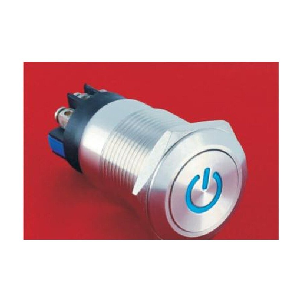 MR-LAS1GQ-11DT-L 19 mm High-Current Metal Push Button - Flat Round Head, Power Symbol Illuminated, Screw Terminals