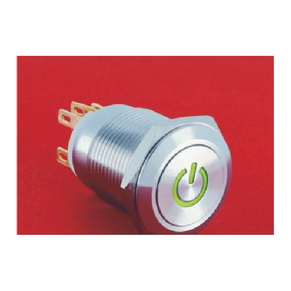 MR-LAS1GQ-11DT 19 mm High-Current Metal Push Button - Flat Round Head, Power Symbol Illuminated, 1NO1NC
