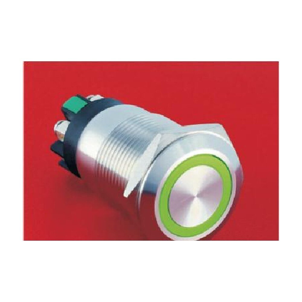 MR-LAS1GQ-11E-L 19 mm High-Current Metal Push Button - Flat Round Head, Ring Illuminated, Screw Terminals
