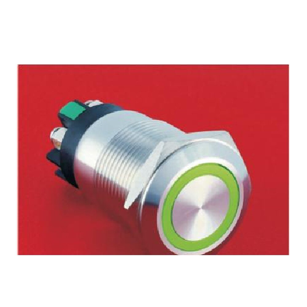 MR-LAS1GQ-11E-L 19 mm High-Current Metal Push Button - Flat Round Head, Ring Illuminated, Screw Terminals