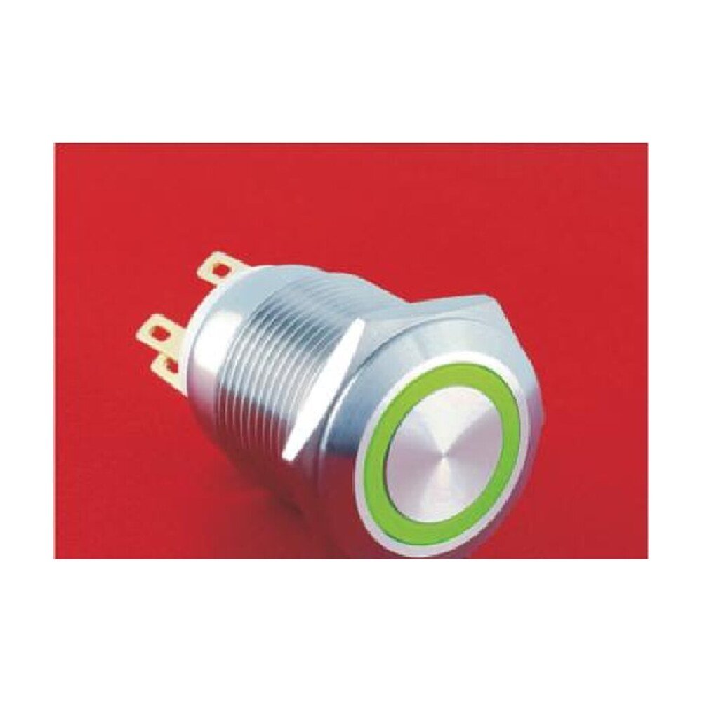 MR-LAS1GQ-11E 19 mm High-Current Metal Push Button - Flat Round Head, Ring Illuminated, 1NO1NC