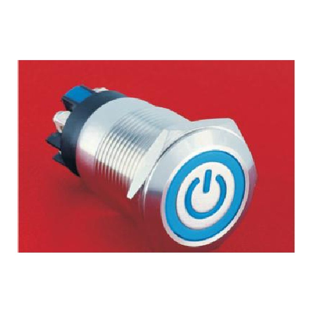MR-LAS1GQ-11ET-L 19 mm High-Current Metal Push Button - Flat Round Head, Ring and Power Symbol Illuminated, Screw Terminals