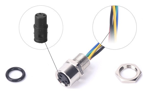 M8 Female Panel Mount Rear Fastened Waterproof Eletrical Plug With Wires MR-M8-PM-11