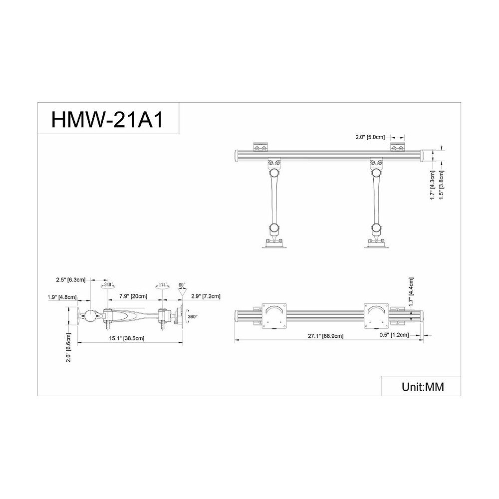 Dual Monitor Wall Mount w/ Full Swing Single Arms Horizontal - HMW-21A1
