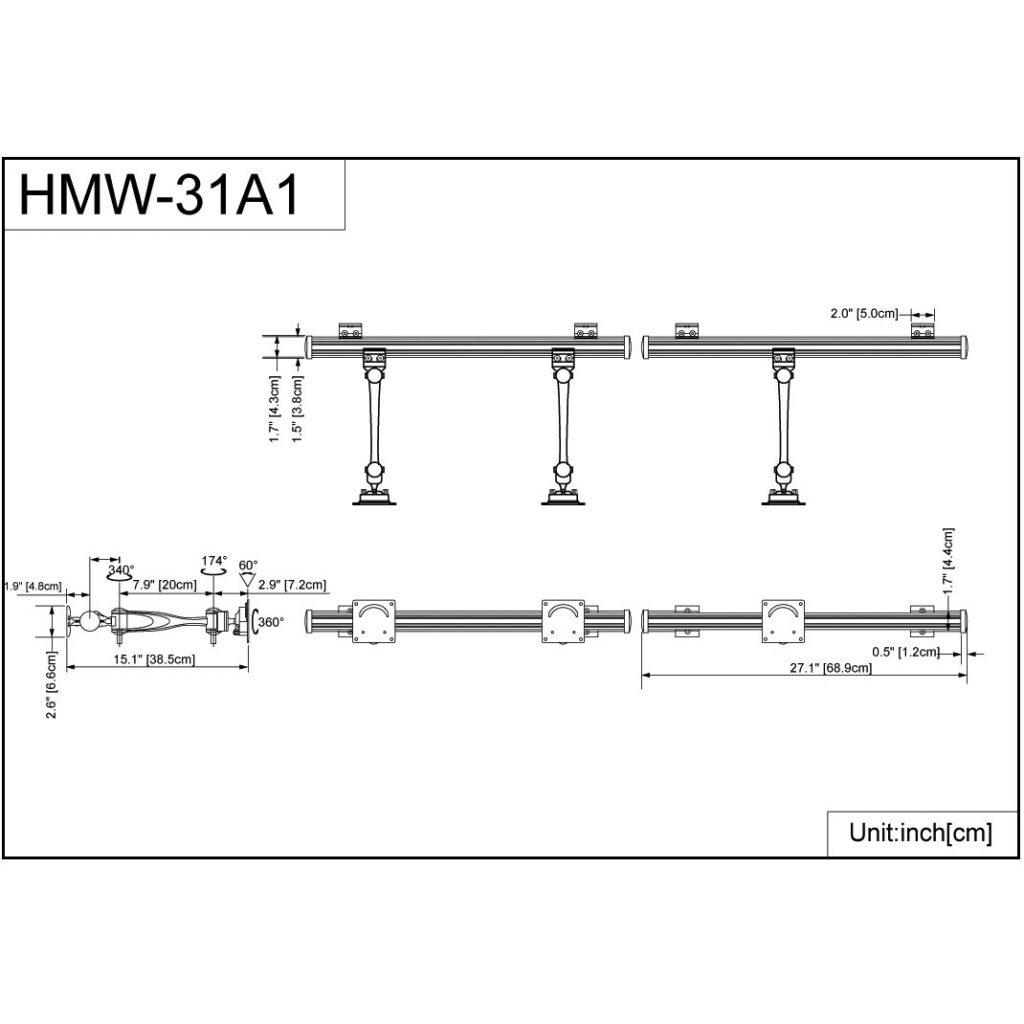 Triple Monitor Wall Mount w/ Full Swing Single Arms Horizontal - HMW-31A1