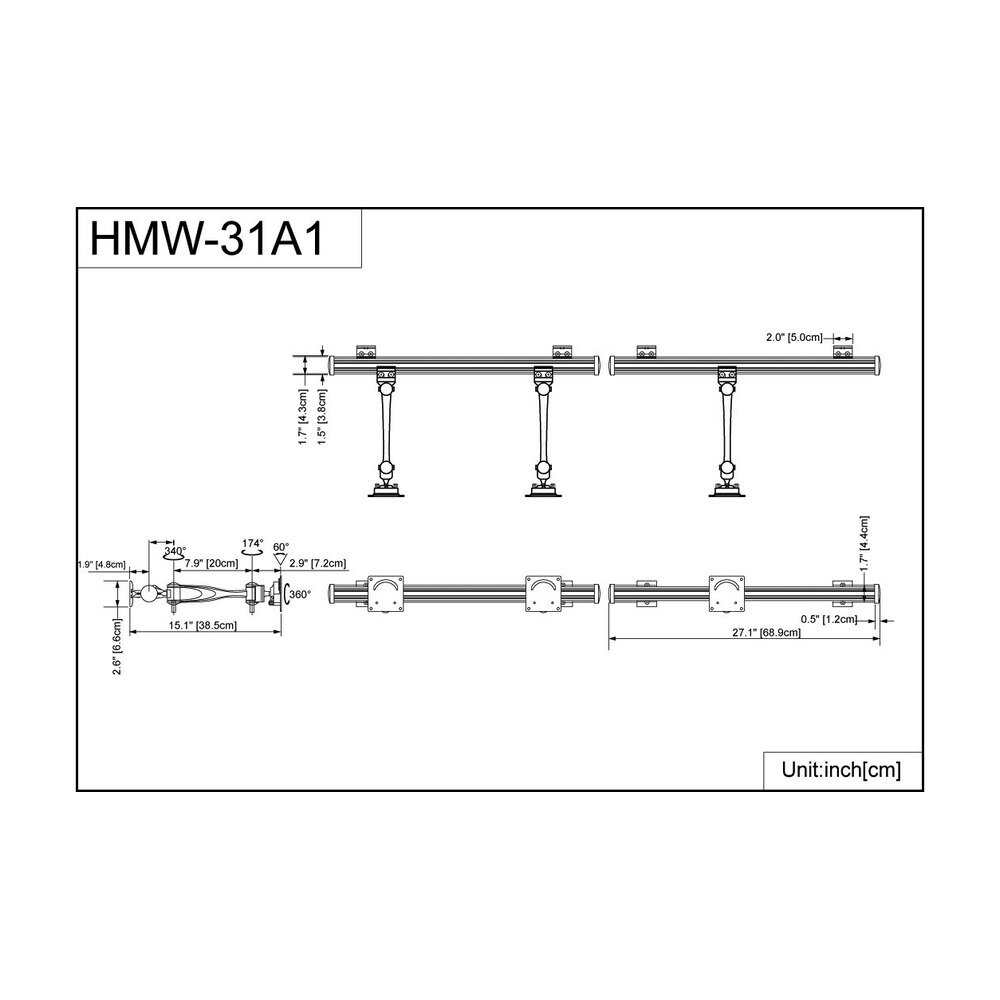 Triple Monitor Wall Mount w/ Full Swing Single Arms Horizontal - HMW-31A1