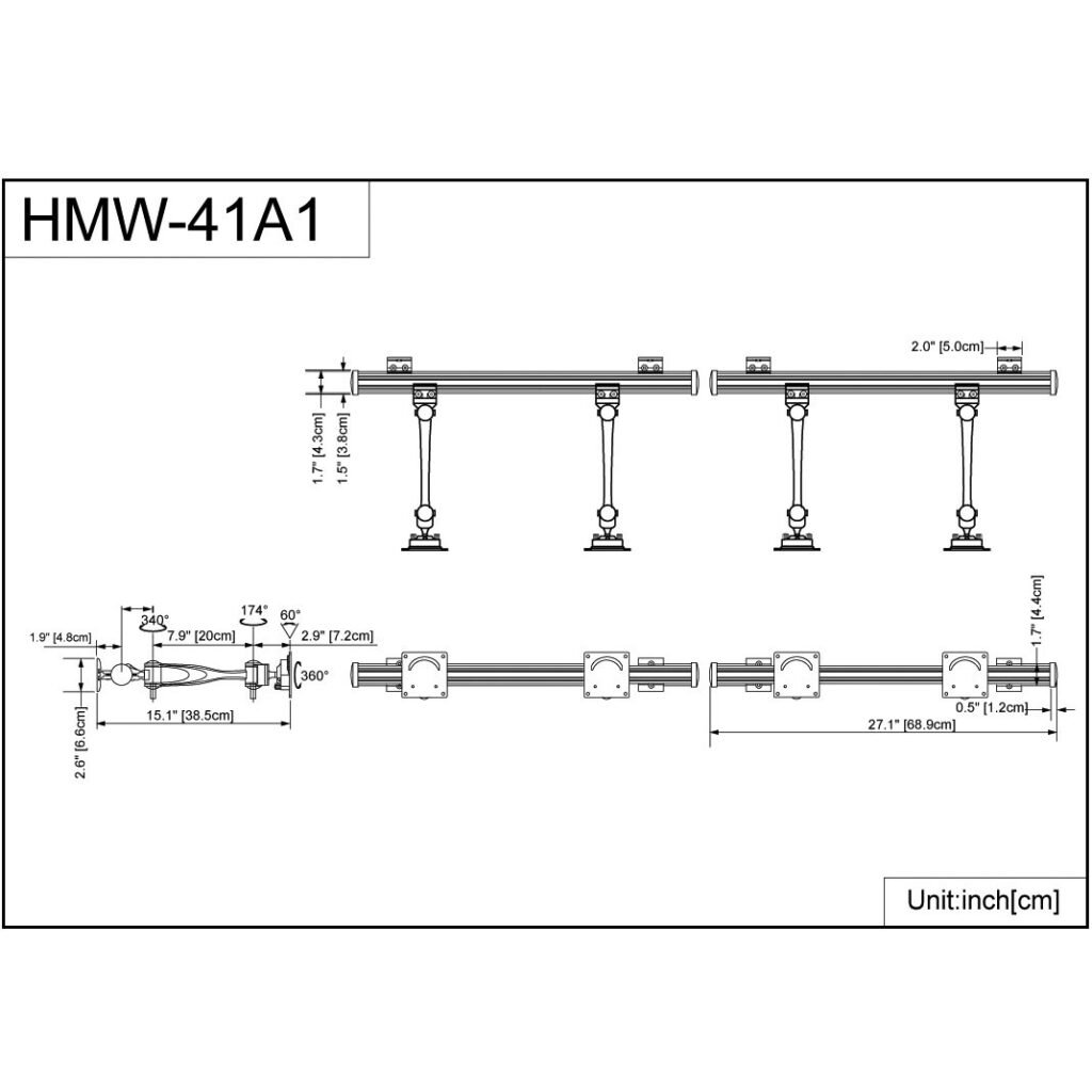 VESA Wall Mount for 4 Monitors w/ Full Swing Single Arms - HMW-41A1