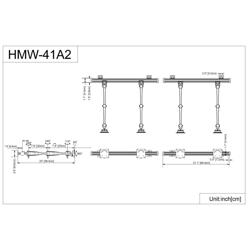 VESA Wall Mount for 4 Monitors w/ Full Swing Double Arms - HMW-41A2
