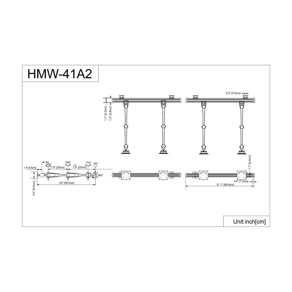 VESA Wall Mount for 4 Monitors w/ Full Swing Double Arms - HMW-41A2