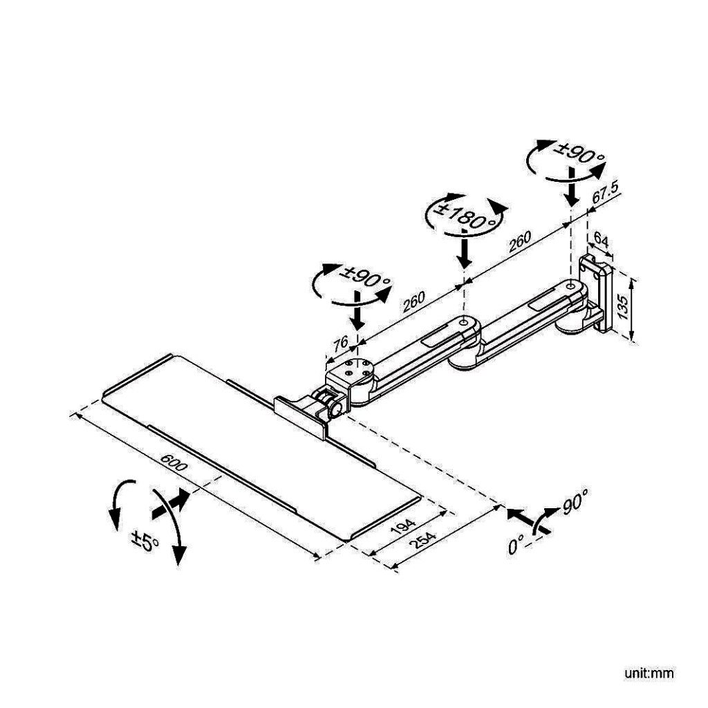 Wall Mount Keyboard Tray w/ Laterally Adjustable Arms - WM-2VKB