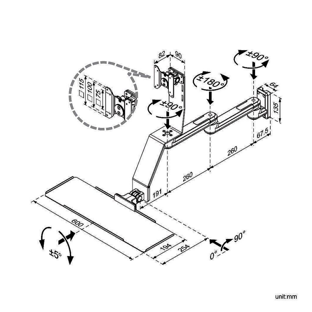 Wall Mount w/ Laterally Adjusting Monitor Arm & Keyboard Tray - WM-2VMK
