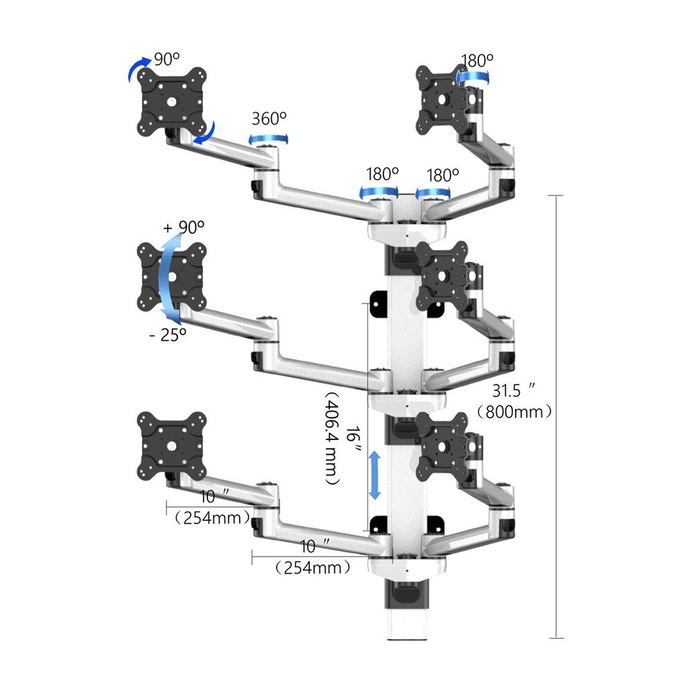 VESA Wall Mount for 6 Monitors 2x3 w/ Quick Release & Dual Arms - BL-W254