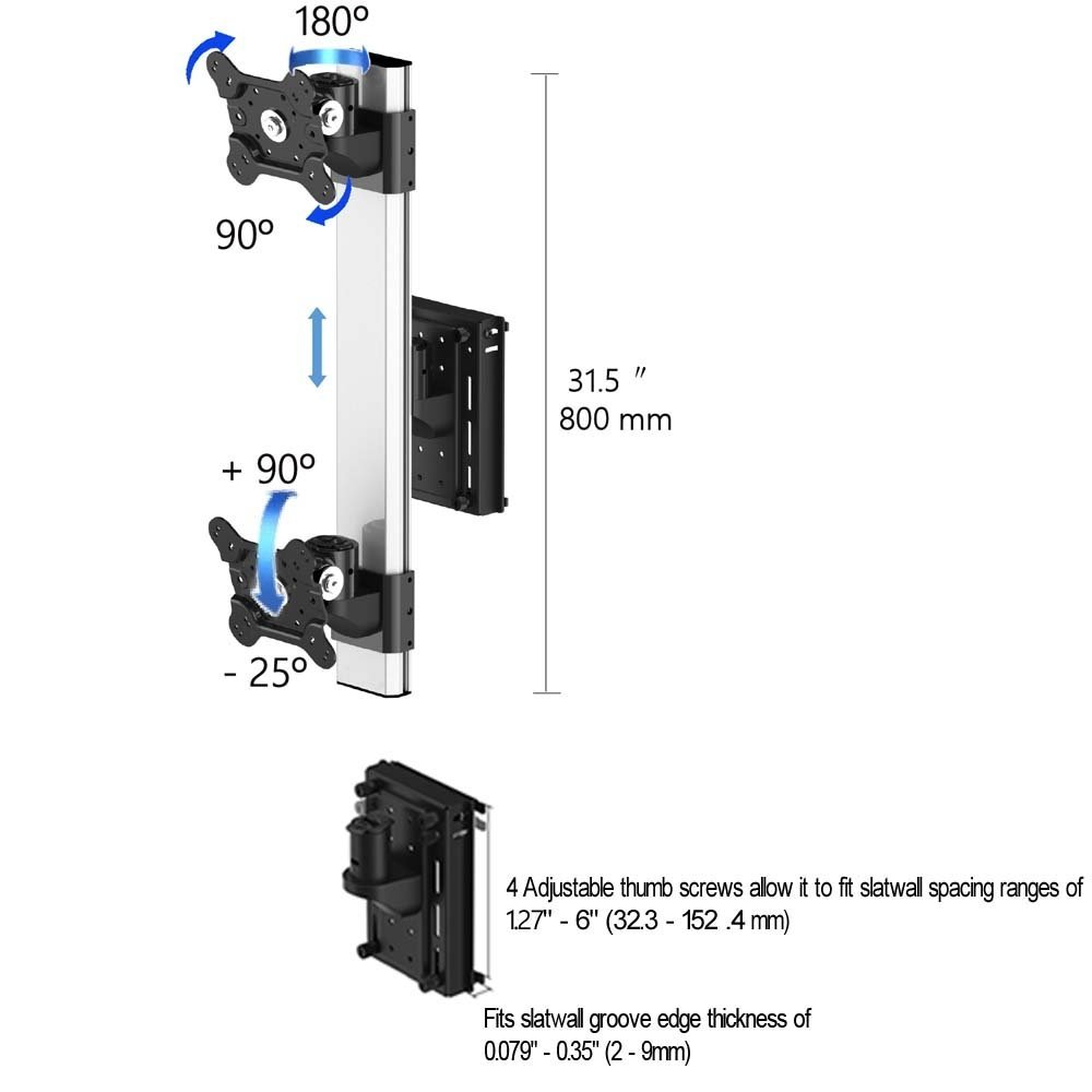 Dual VESA Mount for Slat Wall Stacked Quick Release w/ Low Profile - BL-S285