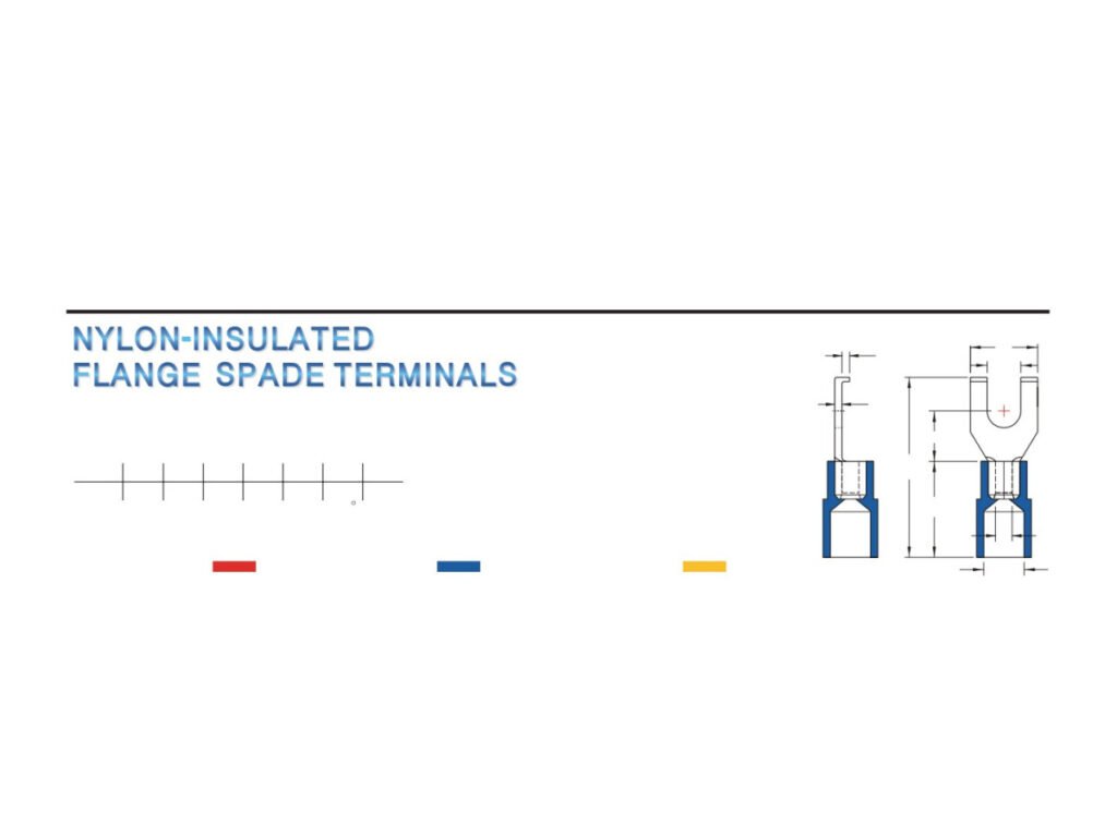 MR-FSNYL Series — Flange Spade Terminals (Nylon-insulated, single crimp, long tongue)
