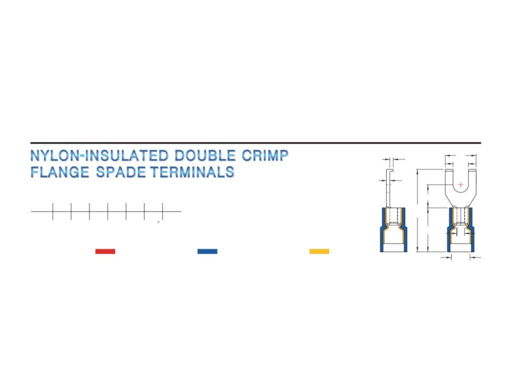 MR-FSNYD Series — Flange Spade Terminals (Nylon-insulated, double crimp with easy-entry copper sleeve)
