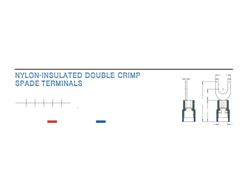 MR-SNYDS Series — Spade Terminals (Nylon-insulated, double crimp with easy-entry copper sleeve, narrow tongue)