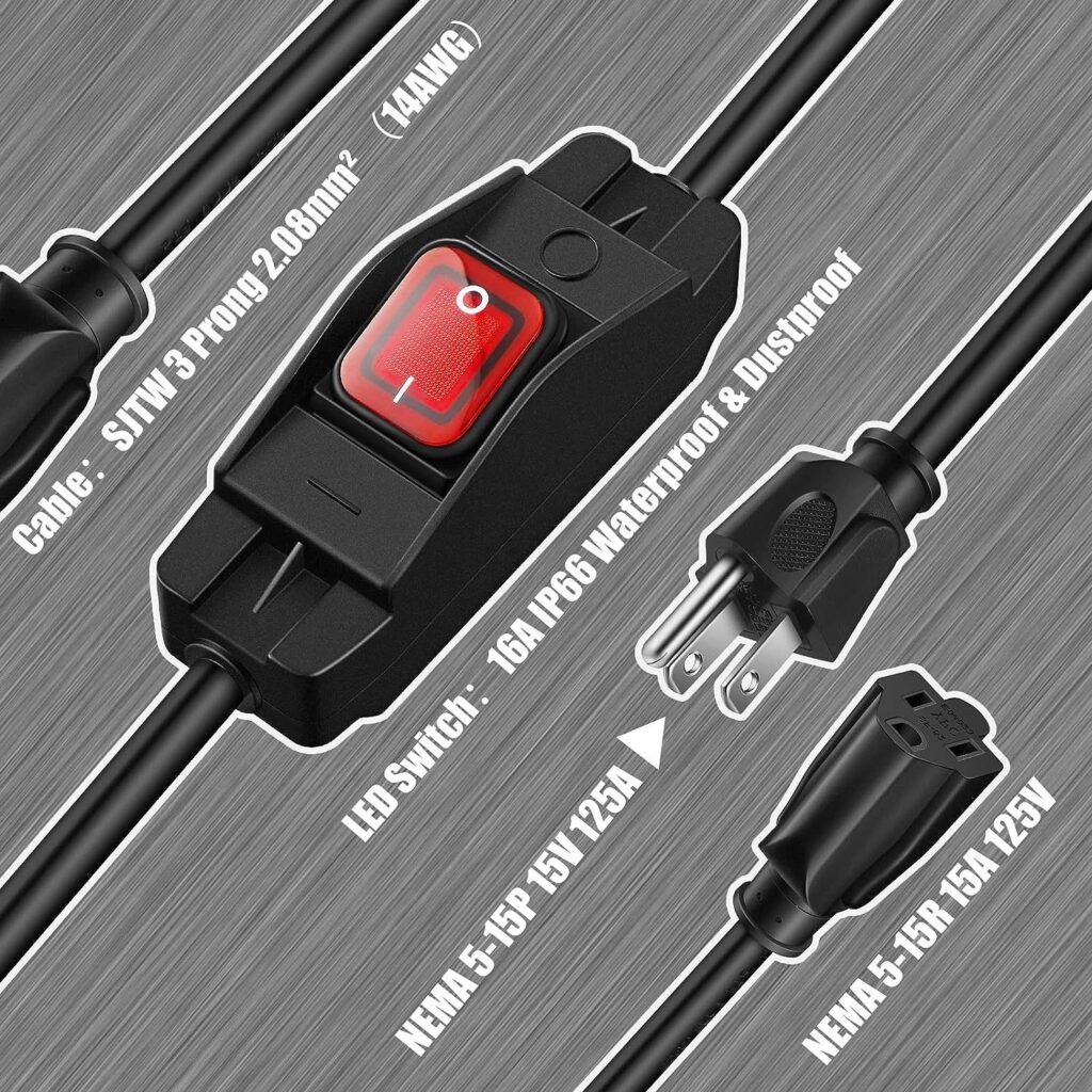3 Prong Outdoor Extension Cord Waterproof PVC Switch 1875W Heavy Duty 14/3 SJT - MR-SW-03