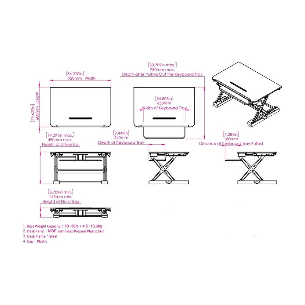 Sit-Stand Desk Converter - Dynamically Height Adjustable Black - CT-50B