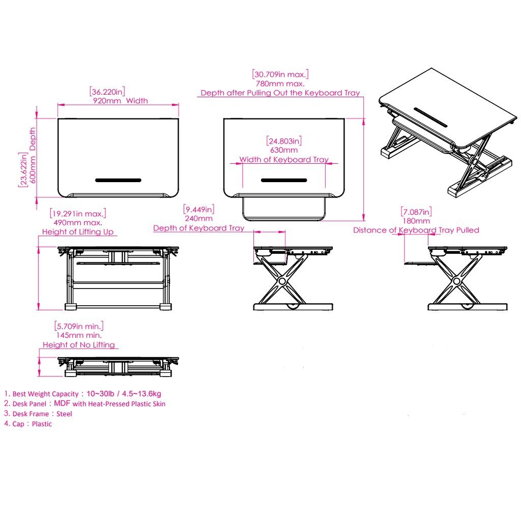 Sit-Stand Desk Converter - Dynamically Height Adjustable Black - CT-50B